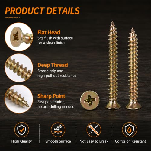 600PCS M4 Wood Screw Assortment Kit, Phillips Flat Head Self Tapping Wood Screws with Storage Box & Screwdriver Bit, 9 Sizes (M4 x 12/14/16/20/25/30/35/40/50mm) for Woodworking, Furniture Repair & DIY YELLOW 600