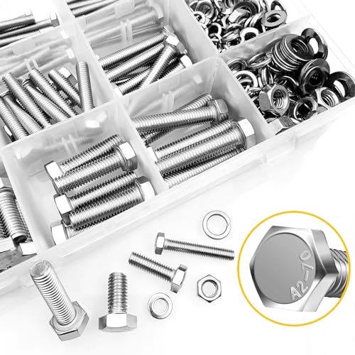 Mywish 448PCS M5 M6 M8 Screw Set, Metric Bolt Assortment, 304 Stainless Steel, Nuts and Bolts Set Flat & Spring Washers, Hex Head Cap Screws Bolts and Nuts Kit, Fully Thread Silver