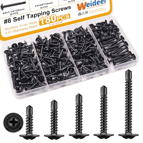 weideer 1095pcs Self Tapping Screws #8#10 M2 M3 M4,410 Stainless Steel Black Oxide Truss Head and Carbon Steel Phillips Pan Head Self Tapping Screws Assortment Kit