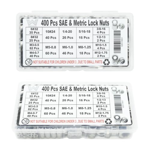 400 Pcs SAE & Metric Lock Nuts Kit, M3-M12 & #6-1/2 Hardware Nuts SAE & Metric 400 Kit (#6 To 1/2, M3 to M12)