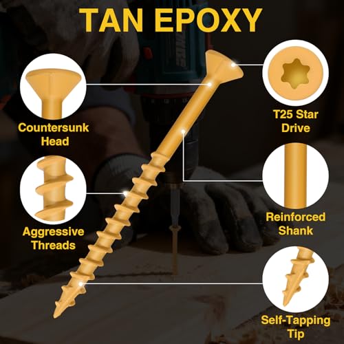 #10 x 2-1/2" Flat Head Wood Screws with Tan Epoxy-Coating, T25 Torx, 300pcs