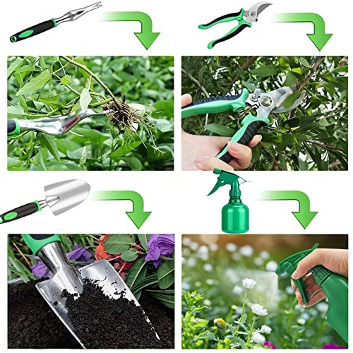 Garden Tool Set with Non Slip Rubber Grip,9 Piece Stainless Steel Gardening Tool Sets,Heavy Duty Outdoor Hand Tools Durable Storage Tote Bag,Uprooting Weeding Tool, Gifts for Women Men Children Green