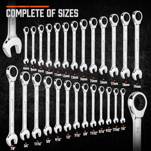 HORUSDY 26-Piece Ratcheting Wrench Set | Metric and SAE (6-19 mm & 1/4” to 3/4“) | Ratchet Combination Wrenches Set with Organizer | 72-Tooth | Chrome Vanadium Steel 26pcs Metric&SAE Ratchet Wrench Set