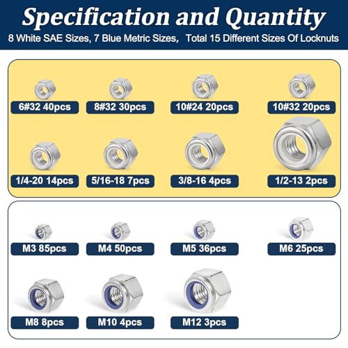 348 Pack SAE & Metric Nylon Insert Locknuts Kit and 150 Pack SAE Hex Nuts Assortment Kit,304 Stainless Steel Hardware Hex Lock Nuts Sets