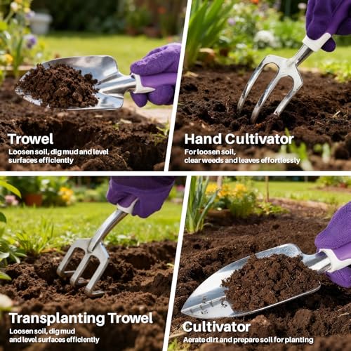 MelonArt Garden Tool Set, 10 Pcs Heavy Duty Gardening Tool Kit Women Garden Gift Set Aluminum with Non Slip Ergonomic Handle, Storage Tote Bag and Gloves, Garden Supplier for Women&Men(Purple)
