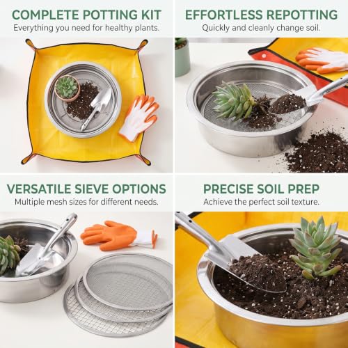 9 PCS Stainless Steel Garden Soil Sifter Set for Rocks Sand Compost