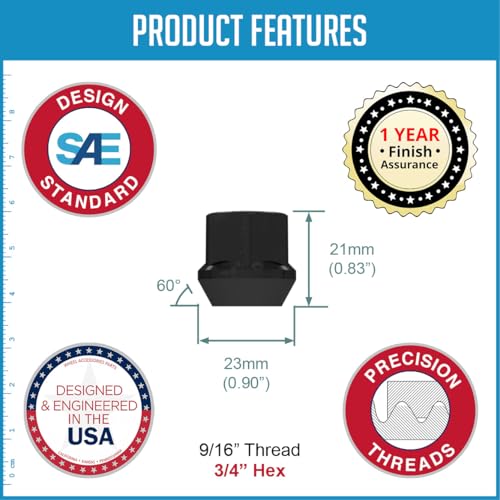 Wheel Accessories Parts 32 Pcs 9/16"-18 Thread Open End Bulge Acorn 21mm 0.84" Long Lug Nuts Black 3/4" 19mm Hex Fits Ram 2500 3500 ｜ Chevrolet GMC C2500 C3500 3/4 Hex Open