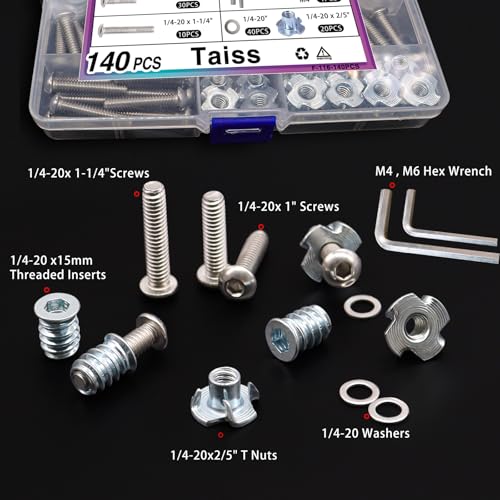 Taiss 140PCS 1/4-20 Threaded Inserts for Wood,T Nuts,1/4-20x 1", 1-1/4" Bolts Button Head Socket Cap Screws+60PCS 1/4"-20 Threaded Inserts for Wood