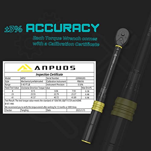 ANPUDS 3/8" Click Torque Wrench, 5-45 Ft-Lb/6.8-61 Nm, Lightweight Aluminum 5-45 ft-lb / 6.8-61 Nm