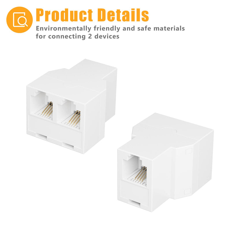 Uvital Phone Jack Splitter, Phone Line Splitter for Landline Telephone, RJ11 6P4C 1 Female to 2 Female Adapter, Comes with 4 Inch Cable(White,2 Pack) 2Pack White