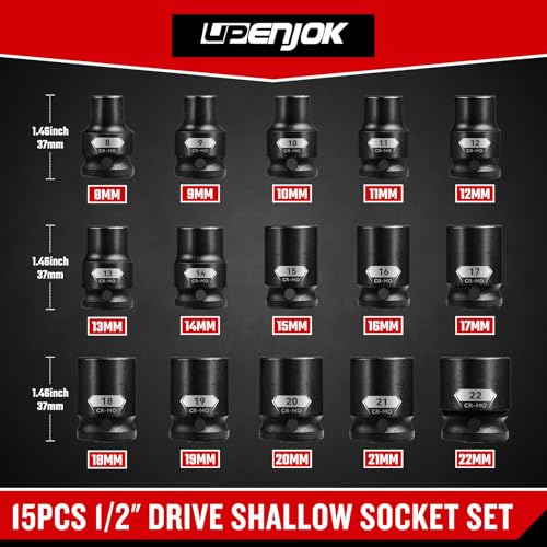 15-Piece 1/2" Drive Shallow Impact Socket Set, Metric Size (8-22mm) 12-Point Socket Set, CR-MO Steel for Automotive & DIY