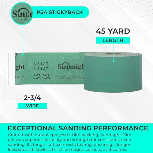 Sunmight Film 180 Grit Sandpaper Roll 2-3/4" x 45 Yards – PSA Longboard Sandpaper – Adhesive Backed for Auto Body, Wood, Metal, Marine & Aerospace – Durable Polyester Backing for Smooth, Even Sanding