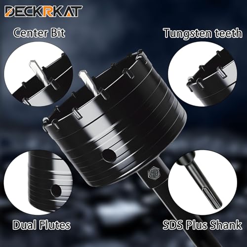DECKRKAT 4-1/4" Concrete Hole Saw Kit,Electroplated Black Quenching Tech,Heavy-Duty Thickened Alloy Teeth,SDS Plus Shank & 2 Center Bits for Concrete,Brick,Stone. (110mm)4-1/4"