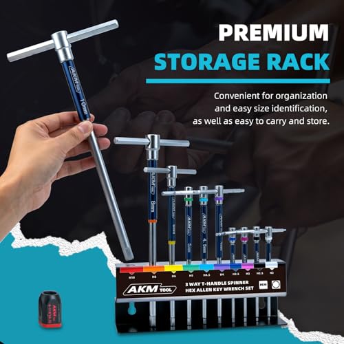 11 Pcs 3-Way T-Handle Hex Allen Key Wrench Set, Metric, 2mm-10mm, Sliding Handle, Allen Wrench Set with Magnetized & Demagnetized, for Versatile Speed And Leverage Application 11 Pcs 3-Way T-Handle Hex Wrench Set