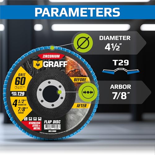 Zirconia Flap Discs 4 1/2 for Angle Grinder - 60 Grit Flap Wheels for Stainless Steel and Sheet Metal - Grinder Sanding Disc 7/8 Arbor (10 Pack) GRAFF 60 Grit - Standard Density
