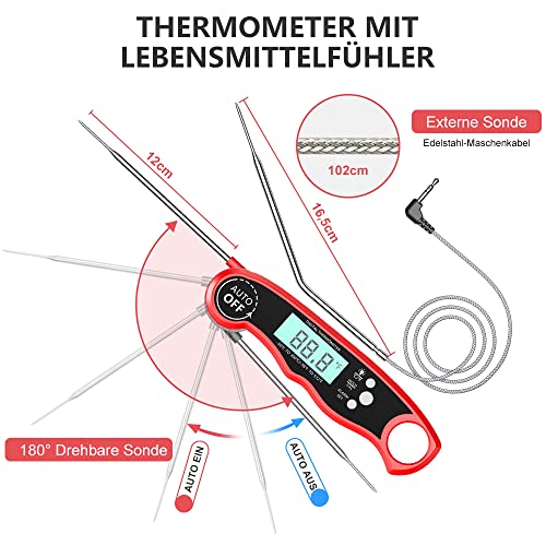 CIRYCASE Meat Thermometer Digital Instant Read Roasting Thermometer | External long probe with 102 cm stainless steel cable, pointer thermometer, oven thermometer for kitchen, BBQ, oven, baking Red