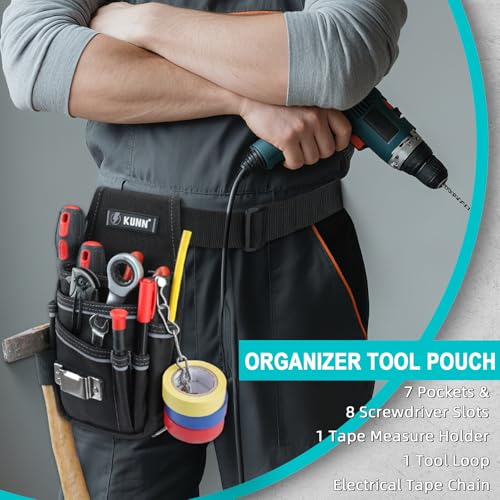 KUNN Tool Pouch,7-Pocket Electrician Pouch with Belt Clip & 2-Inch Work Tool Belt