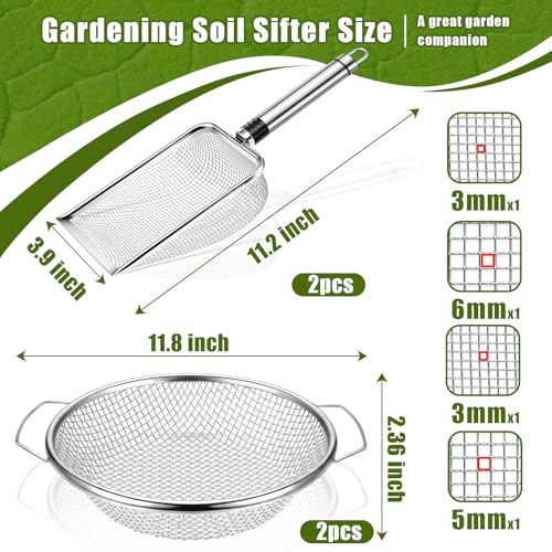 Gisafai 4 Pcs Soil Sifter for Gardening, Stainless Steel 3/5/6mm Mesh