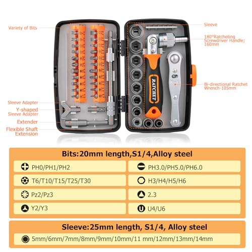 180° Adjustable Ratchet Screwdriver and Wrench Set with Bit Sets, Metric Socket Set with Flexible Shaft Extension, Ratcheting Screwdriver Mechanics Tool Kit for Tight Spaces
