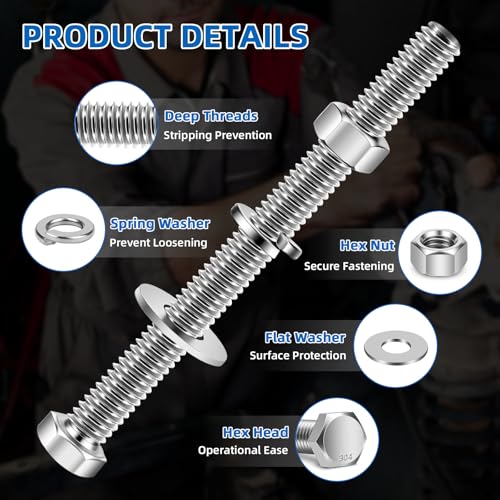 Mellewell 3/8-16 x 6-1/2" Hex Head Bolts with Hex Nuts and Thick Flat & Lock Washers, Partially Threaded, Stainless Steel 18-8, Plain Finish, 4 Sets 3/8-16 x 6-1/2" Silver