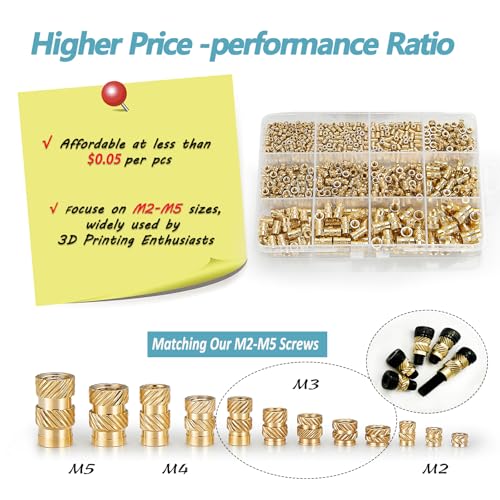 Kadrick 520Pcs M2 M3 M4 M5 Threaded Inserts Assortment Kit + Heat Set Insert Tool for 3D Printing Components