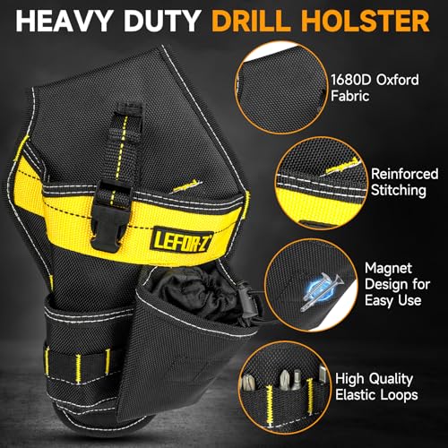 2 in 1 Magnetic Tool Belt Pouch Bag with Drill Holster,14-Pockets Heavy Duty Tool Belts for Men,Work Belts with Impact Holster for Electrician,Carpenter,Construction,Utility Belt,Yellow
