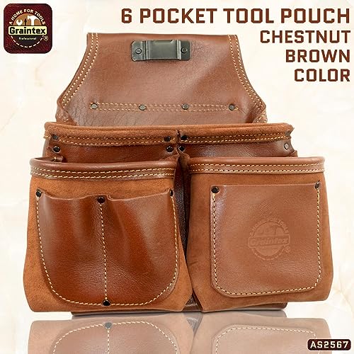 Graintex Ambassador Series 6 Pocket Framers Professional Nail & Tool Pouch Durable and Versatile Genuine Top Grain Leather for Framers, Constructors, Electricians, Plumbers, Handyman Chestnut Brown