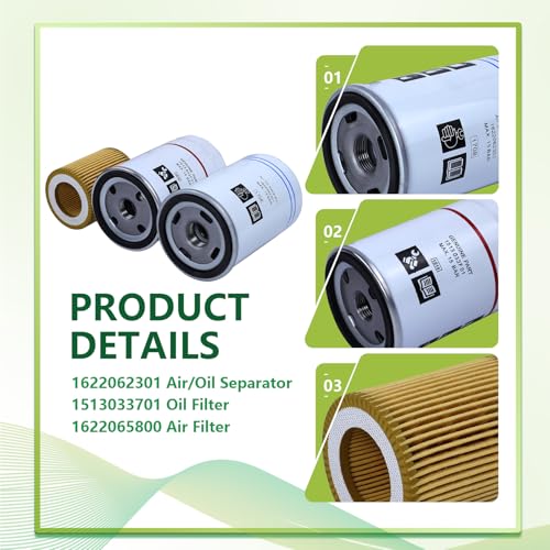 2901086501 Filter Kit Compatible with KAYIQIN GX2/3/4/5 1622062301 Air/Oil Separator + 1513033701 Oil Filter + 1622065800 Air Filter Air Compressor Replacement Parts 2901-0865-01