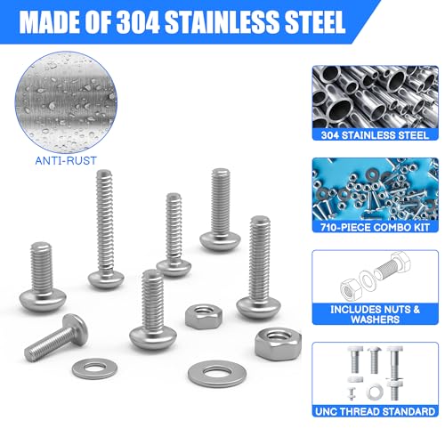 CraftGenes 710PCS Machine Screws Nuts and Washers Assortment Kit, Stainless Steel #4-40#6-32#8-32#10-24 Pan Head Bolts Set, Fasteners Hardware Kit with Case