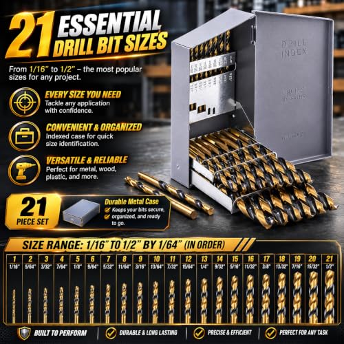 Stark USA 21-Piece HSS Drill Bit Set, Black & Gold High Speed Steel Drill Bits with 135° Split Point, Heavy Duty Industrial Twist Bits, 1/16"–1/2", Indexed Storage Case 21 PCS Set Heavy Duty
