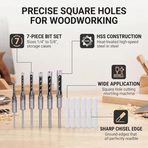 Garosa 7Pcs Square Hole Mortise Chisel Drill Bit Woodworking Hole Saw Square Drill Bits Kit 1/4in 5/16in 3/8in 2/5in 1/2in 9/16in 5/8in HSS Mortising Chisel Drill Bit Set with Storage Box