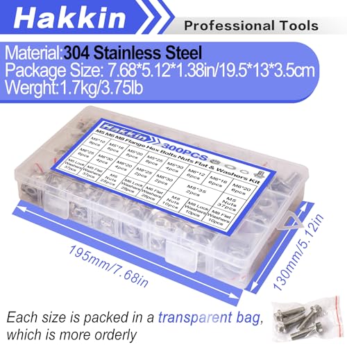 300pcs M5 M6 M8 Flanged Hex Head Bolts and Nuts Assortment Kit (10mm to 35mm), M5-0.8 M6-1.0 M8-1.25 Metric Nuts Screws Flat & Lock Spring Washer 304 Stainless Steel, Hex Socket Included