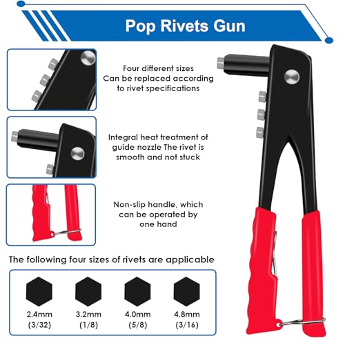 smseace 1001Pcs Pop Rivet Gun Kit Black Pop Rivets, Large Flange Rivets, Washers and Rivets Gun Tool Packed in Portable Toolbox with Color Label for Metal, Furniture, Automotive, Instruments