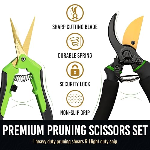 8.5" Professional Bypass Pruning Shears & Gardening Scissors Set - Super Sharp Premium Garden Shears | Pruning Shears For Gardening, Garden Hedge Clippers Handheld Pruners - Garden Scissors Shears + Scissors