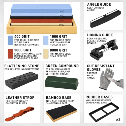 12-Piece Knife Sharpening Stone Set, Whetstone 4 Side 400/1000 3000/8000 Grit, Whetstone Knife Sharpener Stone Kit, Leather Strop, Angle Guide, Flatting Stone, Polishing Compound, Honing Guide Upgraded Version Blue