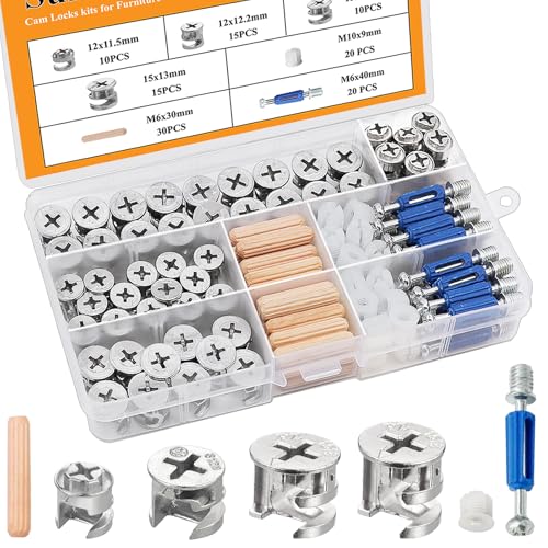 120PCS Cam Locks for Furniture,3-in-1 Eccentric Hardware Wheels,Furniture Cam Lock Fasteners,Multi-Size Nut & Bolt Wood Dowel Pins for Connecting and Repairing Furniture Assortment Sets