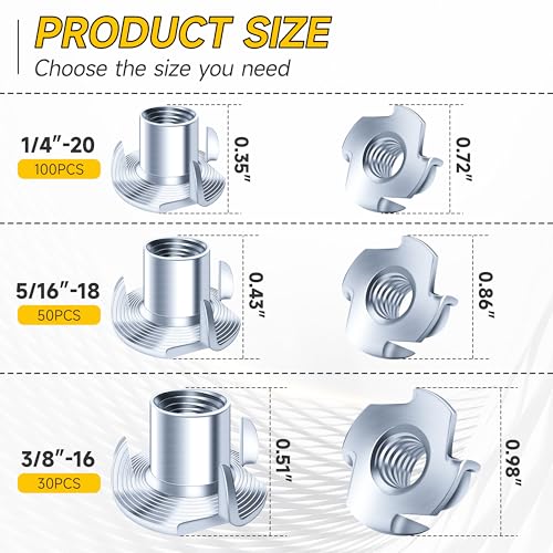Mywish 180Pcs 1/4-20 5/16-18 3/8-16 T-nut Assortment Kit & 200Pcs #6-32 Nylon Insert Hex Lock Nuts,4 Pronged T Blind T Nut, & Furniture Hardware Nuts, Stainless Steel Self-Locking Nylon Locknuts