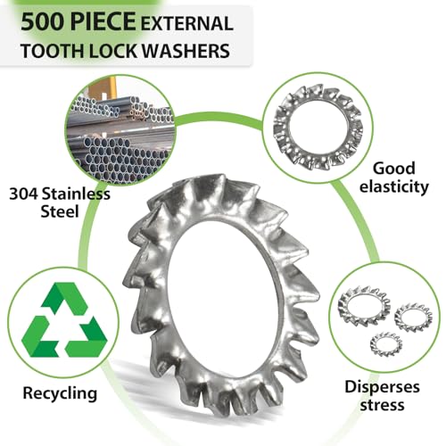 500 PCS 304 Stainless Steel External Tooth Lock Washers Assortment Kit and 500 PCS Steel Black Oxide Finish Internal Tooth Star Lock Washers