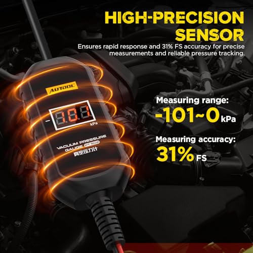 AUTOOL PT502 Digital Vacuum Pressure Gauge, Automotive Vacuum Leak Tester with Temperature Compensation, 101kPa High Accuracy Engine Intake Exhaust EGR Diagnostic Tool, 12V Car Powered