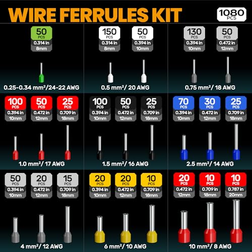 SOMELINE Ferrule Crimping Tool Kit, AWG 24-8 with 23 Sizes Wire Ferrules 23 Sizes Crimp Tool Set