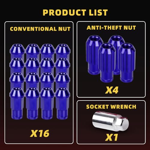 M12x1.5 Lug Nut 20 PCS, Wheel Lock Bulge Acorn Open End Lug Nut Set Compatible with Toyota, Honda, Ford, Chevrolet, Mitsubishi, Mazda, KIA, Hyundai, Buick, 1 Socket Included, Blue M12 x 1.5