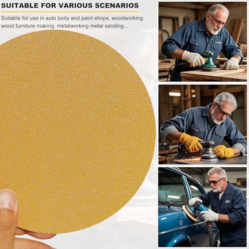 100 PCS 6 Inch Gold PSA Sanding Discs Set -20 Each of 80, 120, 180, 220, 400 Grit - Self Adhesive Stickyback Sandpaper Discs for 6" DA Sander Sand Automotive Car Paint, Woodworking, Metal