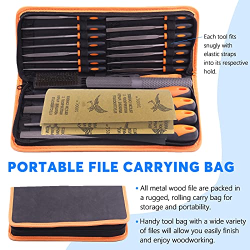 Glarks 25Pcs Hand Metal File Set Include 4Pcs Flat/Triangle/Half-round/Round Large File, 12pcs Needle Files, 1 brush, 4pcs Sandpaper and 4 Way Wood Rasp File for Shaping Metal, Wood, and Tools
