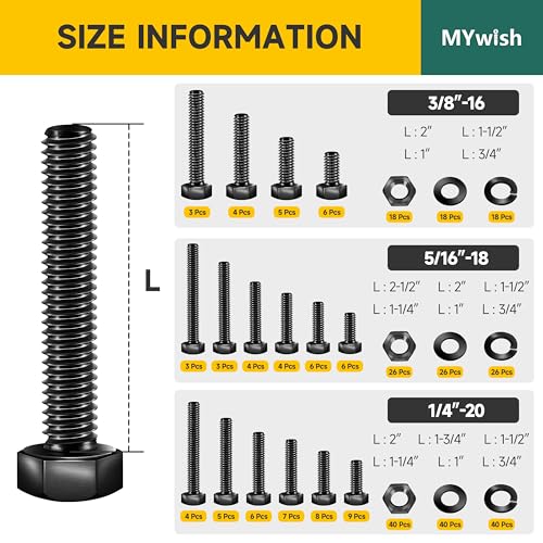 Mywish (10 Sets) 1/4-20 x 2 Hex Head Stainless Steel Bolts and Nuts & 355PCS 1/4-20 Bolt, SAE Hex Head Nuts and Bolt Assortment Kit, 5/16-18 Bolt, 3/8-16 Bolts, Black Oxide 18-8 304 Stainless Steel