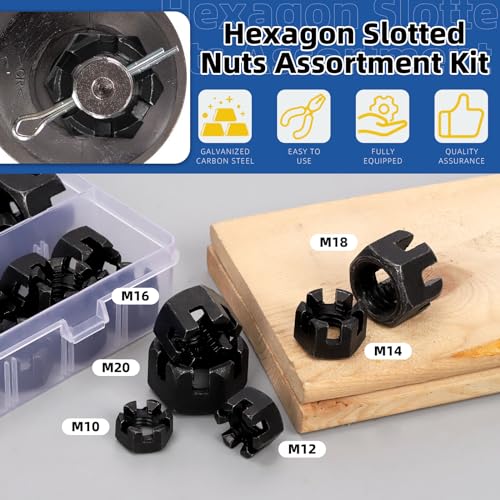 Glarks 60Pcs M10 M12 M14 M16 M18 M20 Black Hexagon Slotted Nuts Assortment Kit, 6 Size Carbon Steel Hex Castle Nuts for Car Moto Furniture Fasteners Repair