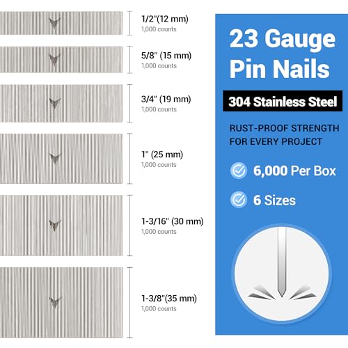 meite 1-3/8" Galvanized 23 Gauge Pin Nails - 10000 Counts and Assorted 6 Sizes (1/2", 5/8", 3/4", 1", 1-3/16", 1-3/8") 304 Stainless Steel Pin Nails - 6000 Counts