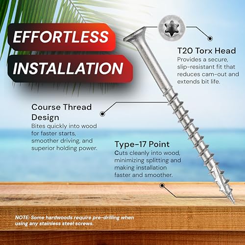 #8 x 1-5/8 Inch Stainless Steel Wood Screws | 304 Grade | 350 Pack | T20 Star Torx Drive Flat Head | (2) 2" Pro Drive Bits Included | Corrosion Resistance | Fence and Outdoor Use (1-5/8") 1-5/8"
