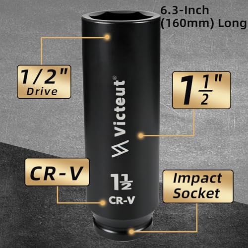1/2" Drive 1-1/2" Extra Deep Impact Socket，6.3-Inch (160mm) Long，6-Point, Heat Treated Cr-V Alloy Steel, One-Piece Forged, No Torque Loss