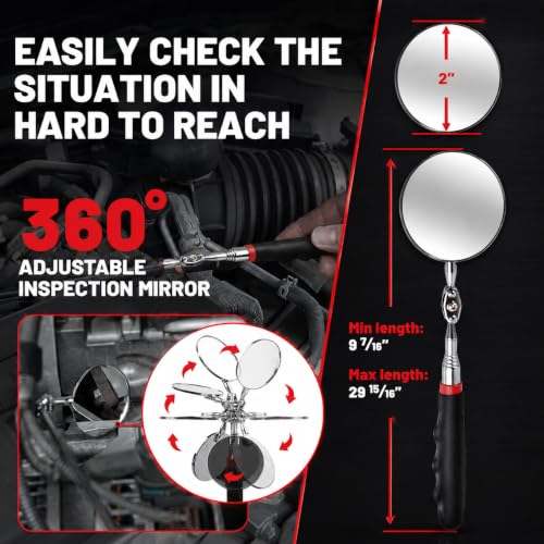 Magnetic Tool Mat Set – 4 Magnetic Pads (Large, Medium, 2 Small) with Telescoping Pickup up to 30.5" & 360° Mirror up to 29.9", 40LB Parts Holder for Garage, Workshop, Auto ‎4 Mats & Pickup Tools & Inspection Mirror