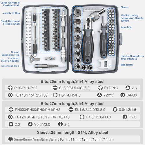 68-in-1 Ratcheting Screwdriver Set, Pocket Size, Versatile Ratchet Handle for Mechanics, DIY, Bicycle, Car, Electronics Maintenance (9902) 9902